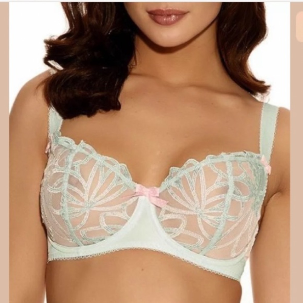 FREYA BRAND STRETCH LACE SHEER GREEN MINT UNDERWIRE FULL BUST BRA 32F 3D